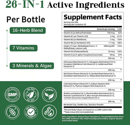 Migcopat26-in-1 Liposomal Lymphatic Drainage Drops with Turmeric, Echinacea | Vitamins, Dandelion, Zeolite, Vegan, Alcohol-Free, Raspberry Flavor, 2 fl oz