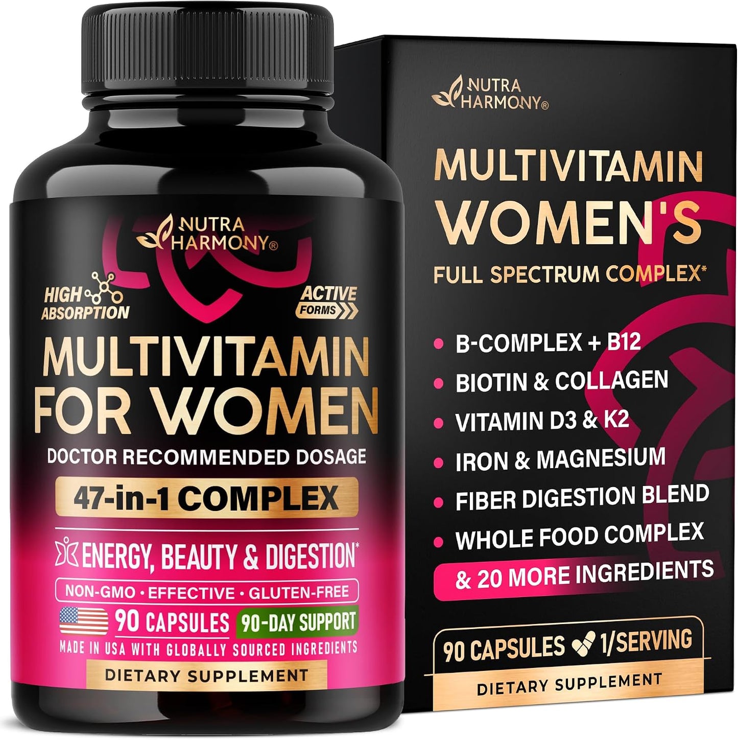 Multivitamin for Women - B-Complex | Whole Foods | Hair Growth Support | Digestion & Metabolism | Iron - 47in1 Womens Multivitamin - Bioavailable & Gentle on Stomach - 90 Capsules, 3 Month Supply
