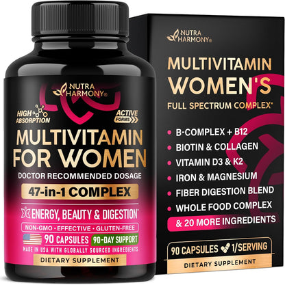 Multivitamin for Women - B-Complex | Whole Foods | Hair Growth Support | Digestion & Metabolism | Iron - 47in1 Womens Multivitamin - Bioavailable & Gentle on Stomach - 90 Capsules, 3 Month Supply