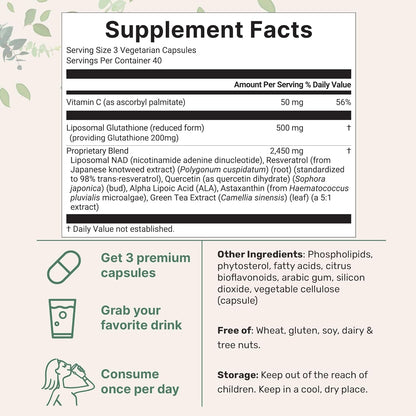 Micro Ingredients Liposomal Reduced Glutathione Complex 3,000mg - 8‑in‑1 Advanced Glutathione Supplement with NAD, Resveratrol, Quercetin, Alpha Lipoic Acid & Vitamin C - 120 Vegetarian Caps