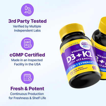 InnovixLabs Vitamin D3 K2-5000 IU Vitamin D3 Plus 600 mcg Vitamin K2 MK4 and MK7 for Max Calcium Absorption, Supports Bone, Immune, Heart Health, 3rd Party Tested, Gluten Free, 60 Softgels