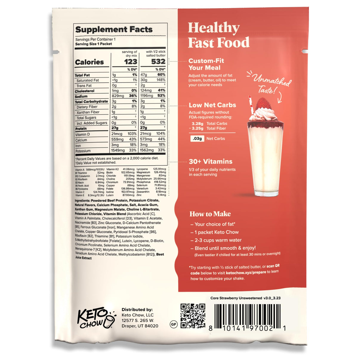 Keto Chow Chocolate CORE with Stevia Meal Replacement Shake Powder, 1 Meal