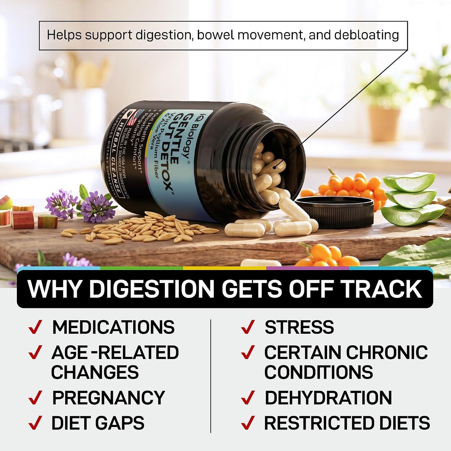 Gut Health Supplement - Herbal Regularity Support with Probiotic & Fiber | Psyllium Husk, Aloe Vera & Cascara Sagrada - Digestive, Gentle Cleanse & Bowel Movement Regularity - 60 Capsules