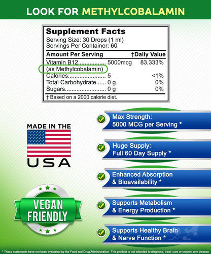 aSquared Nutrition Vitamin B12 Sublingual Liquid Drops - 5000 MCG Supplement with Methylcobalamin (Methyl B-12) - Max Absorption B 12 to Increase Energy - Vegan Friendly - 2 fl oz