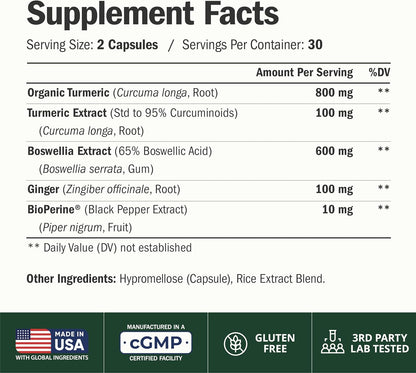 Turmeric Boswellia Supplement w/Ginger – Gut Friendly Joint Supplement 60Ct