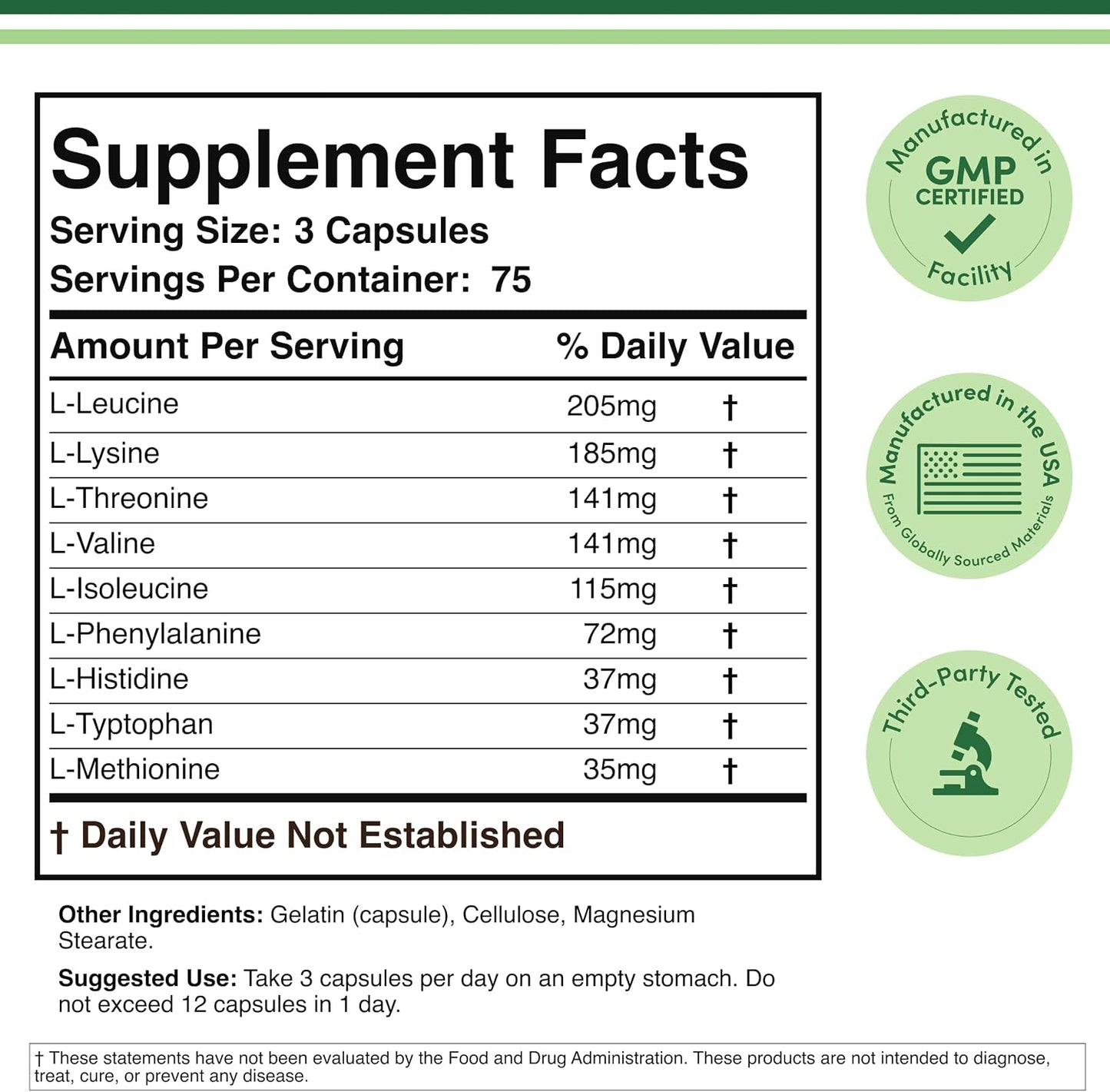 Essential Amino Acids - 1 Gram Per Serving Powder Blend of All 9 Essential Aminos (EAA) and All Branched-Chain Aminos (BCAAs) (Leucine, Isoleucine, Valine) 225 Capsules, Gluten Free by Double Wood