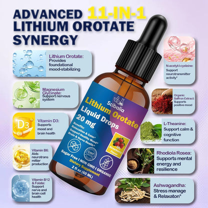 2 Pack Lithium Orotate Liquid Drops 20mg, Potency 11-in-1 Lithium Supplement w. NAC Magnesium Ashwagandha Theanine Vitamin D3 B6 B12 for Memory Brain Mood Cognitive Support