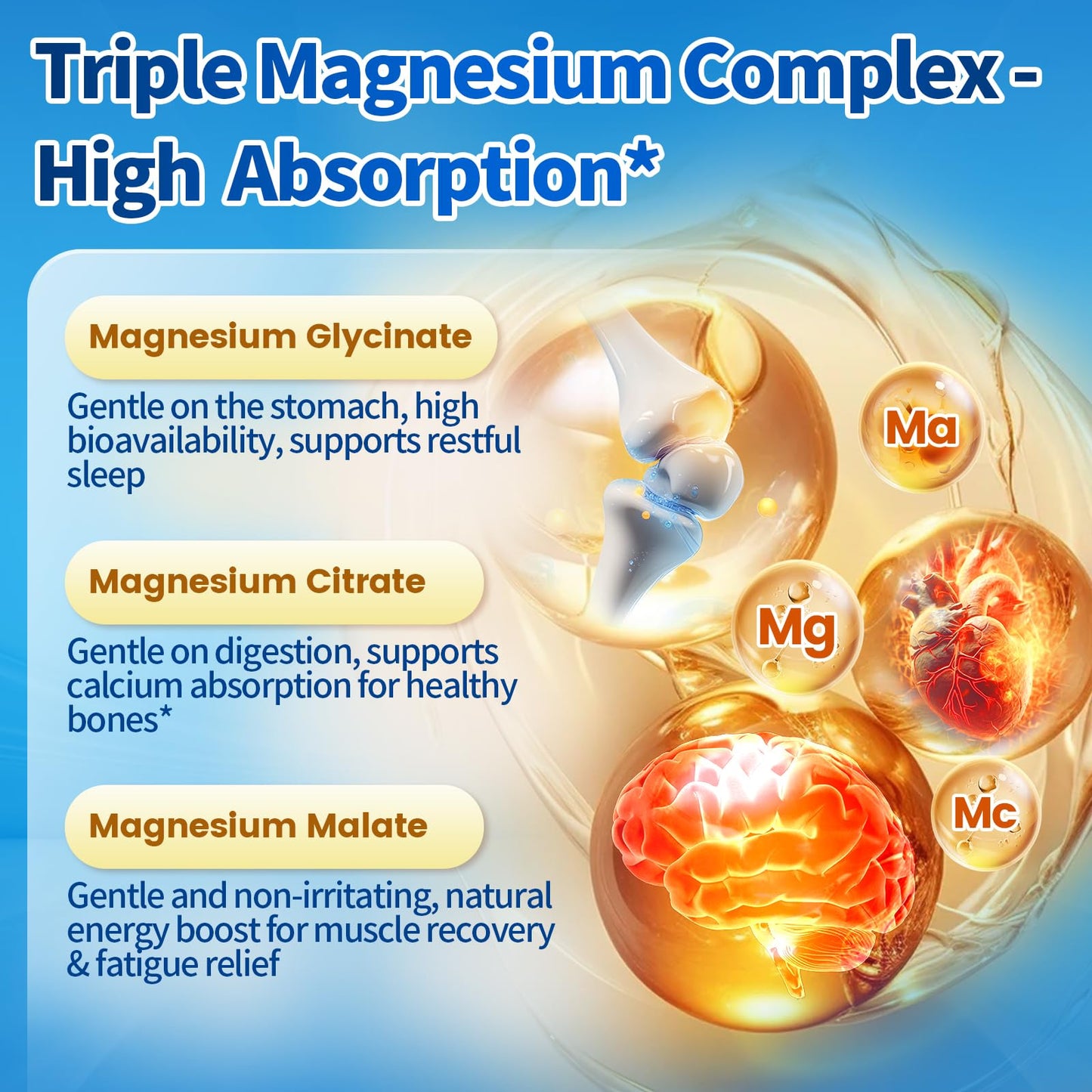 Triple Magnesium Complex for Women and Men, Magnesium Glycinate 400mg, Malate, Citrate, High Absorption Chelated Magnesium Supplement Support Sleep, Muscle, Non-GMO, Gluten Free - 240 Capsules