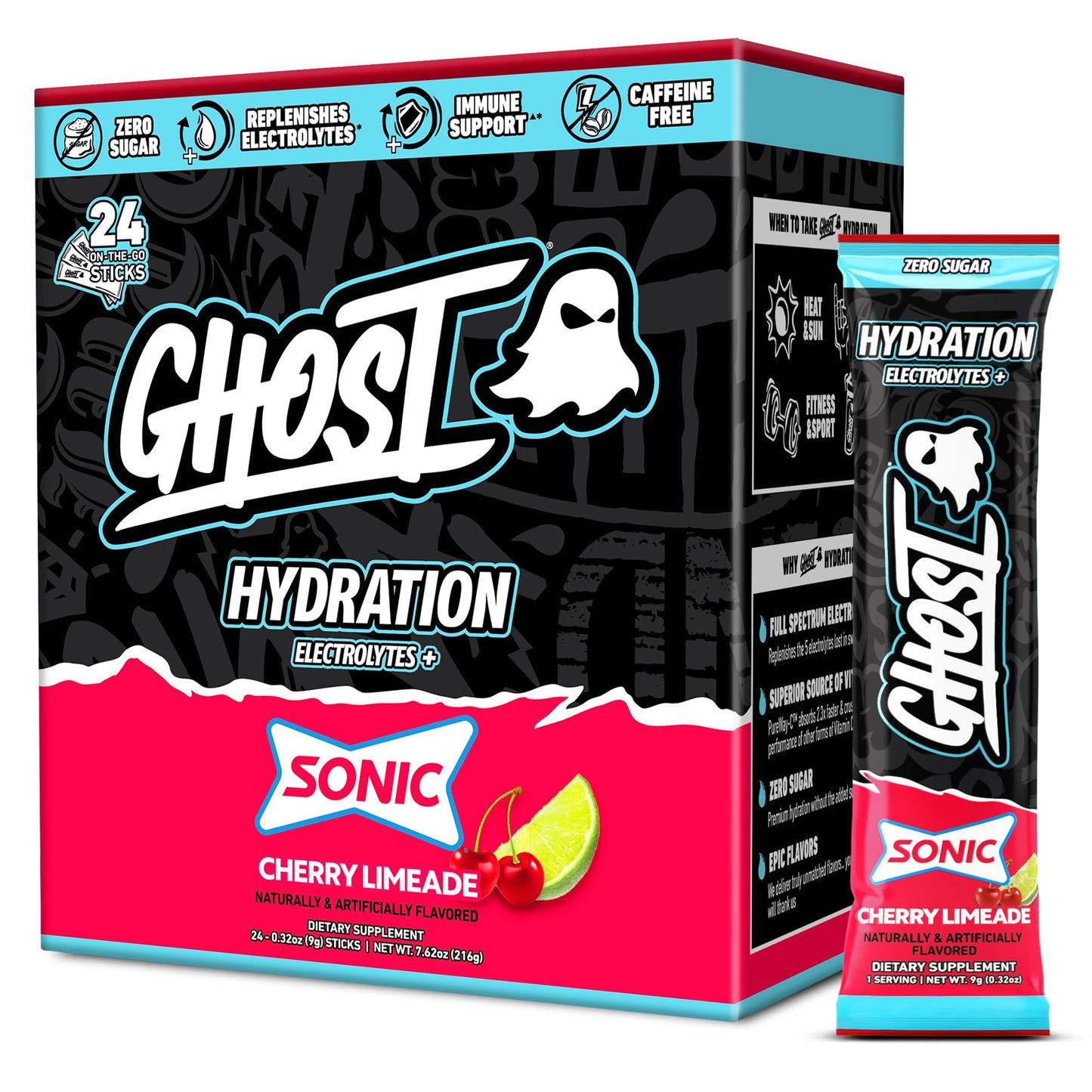 GHOST Hydration Sticks, Electrolyte Powder Packets, Sonic Cherry Limeade - 24 Sugar Free Instant Electrolyte Drink Mix - Caffeine-Free Daily Hydration & Immune Support with Clean Formula