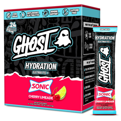 GHOST Hydration Sticks, Electrolyte Powder Packets, Sonic Cherry Limeade - 24 Sugar Free Instant Electrolyte Drink Mix - Caffeine-Free Daily Hydration & Immune Support with Clean Formula