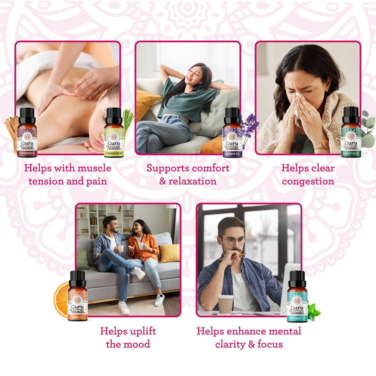 GuruNanda Essential Oils Set for Diffusers, 100% Pure, Aromatherapy, Massage, Skin Care