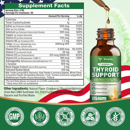 Totaria Liposomal Thyroid Support Drops, Iodine, Selenium, Zinc | Ashwagandha, L-Tyrosine, B12 | Energy, Metabolism, Hormone & Mood, 2 Fl.Oz