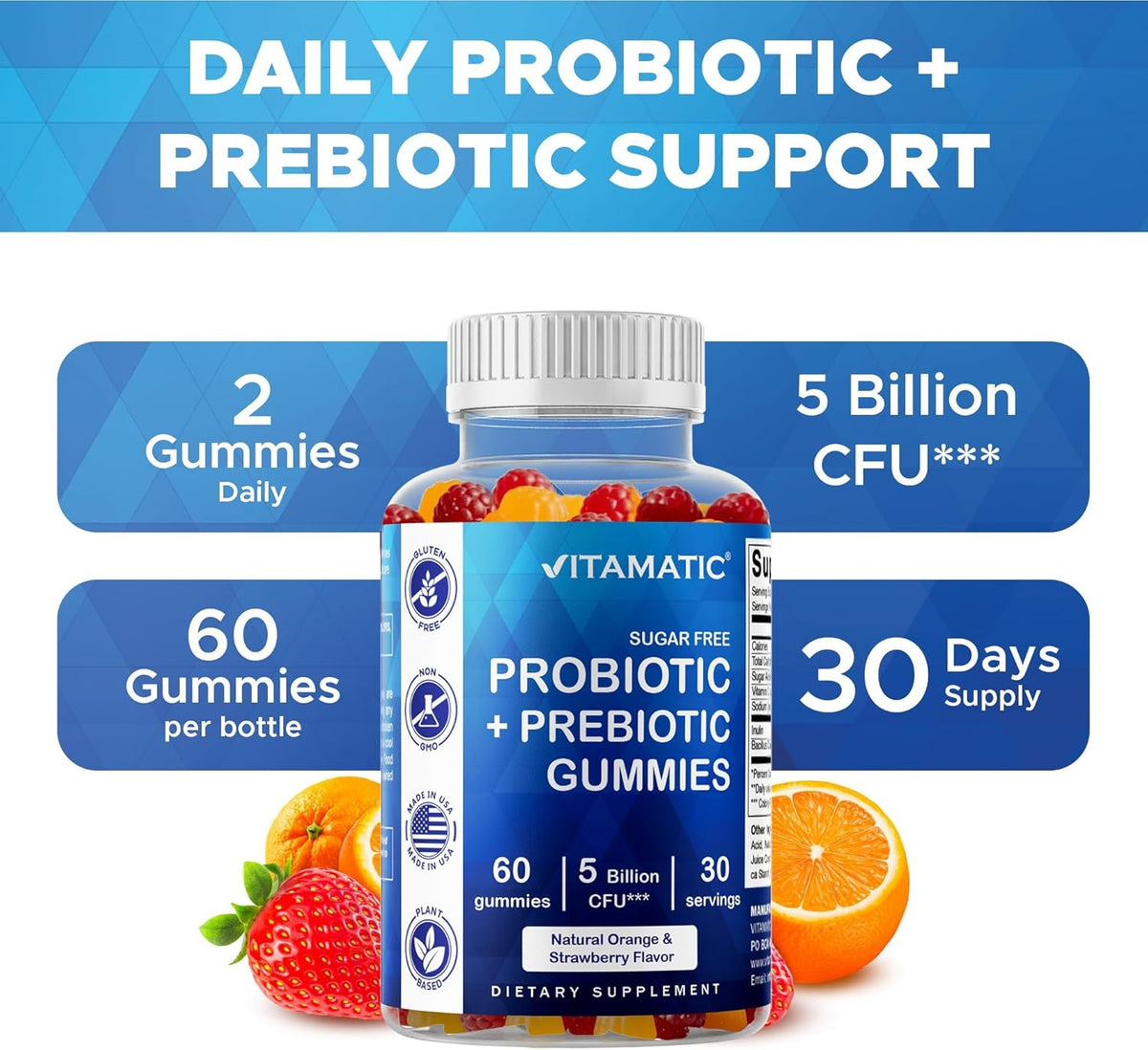 Vitamatic Sugar Free Probiotic + Prebiotic Gummies, 60 Count | 5 Billion CFU Bacillus Coagulans per serving, Support Digestive Health and Gut Flora Balance*, Non-GMO, Made in USA