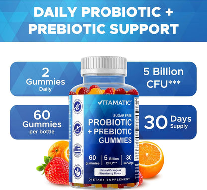 Vitamatic Sugar Free Probiotic + Prebiotic Gummies, 60 Count | 5 Billion CFU Bacillus Coagulans per serving, Support Digestive Health and Gut Flora Balance*, Non-GMO, Made in USA