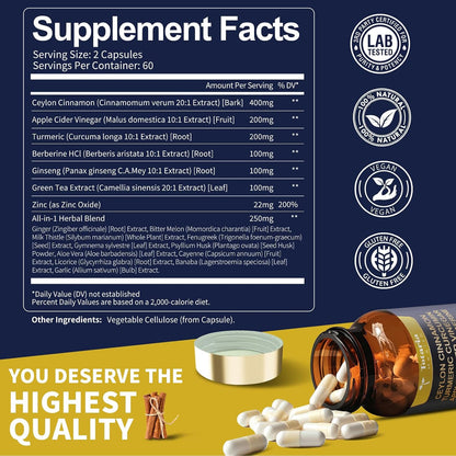 Totaria 18-in-1 Organic Ceylon Cinnamon Capsules with Berberine, Ceylon Cinnamon Supplement w/Apple Cider Vinegar Turmeric Bitter Melon Milk Thistle, for Metabolism, Energy, Heart*, 120 Counts