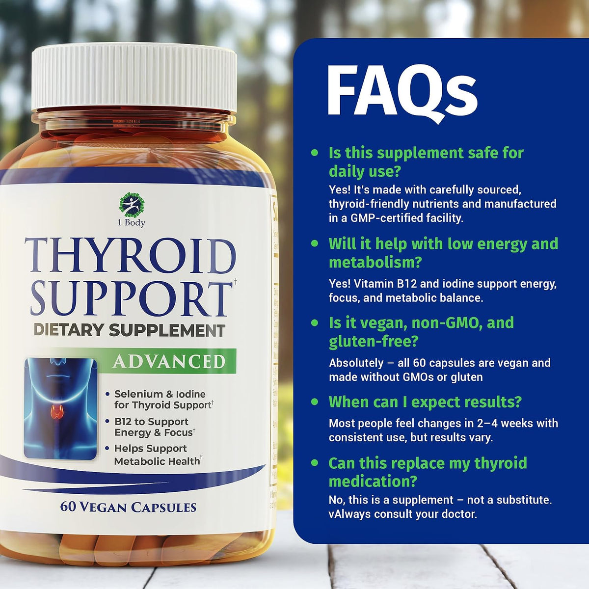 1 Body Thyroid Support for Women & Men, Iodine & Selenium Supplement