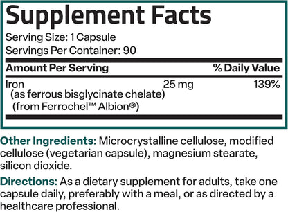 Bronson Iron Bisglycinate 25 mg, 90 Vegetarian Capsules | Gentle on the Stomach, Non-Constipating, Supports Energy & Red Blood Cell Production, Non-GMO, Gluten-Free & Soy-Free