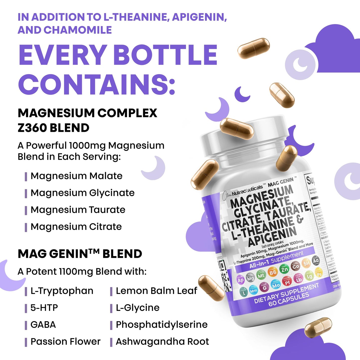 Clean Nutraceuticals Magnesium Glycinate Complex 1000mg with L-Theanine 200mg Apigenin 50mg Citrate Taurate Supplement - 5-HTP GABA Passion Flower Lemon Balm L-Glycine Phosphatidylserine - 60 Count