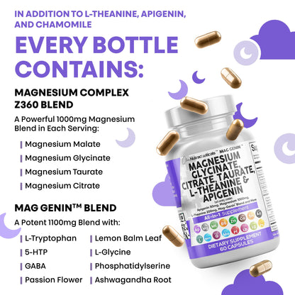Clean Nutraceuticals Magnesium Glycinate Complex 1000mg with L-Theanine 200mg Apigenin 50mg Citrate Taurate Supplement - 5-HTP GABA Passion Flower Lemon Balm L-Glycine Phosphatidylserine - 60 Count