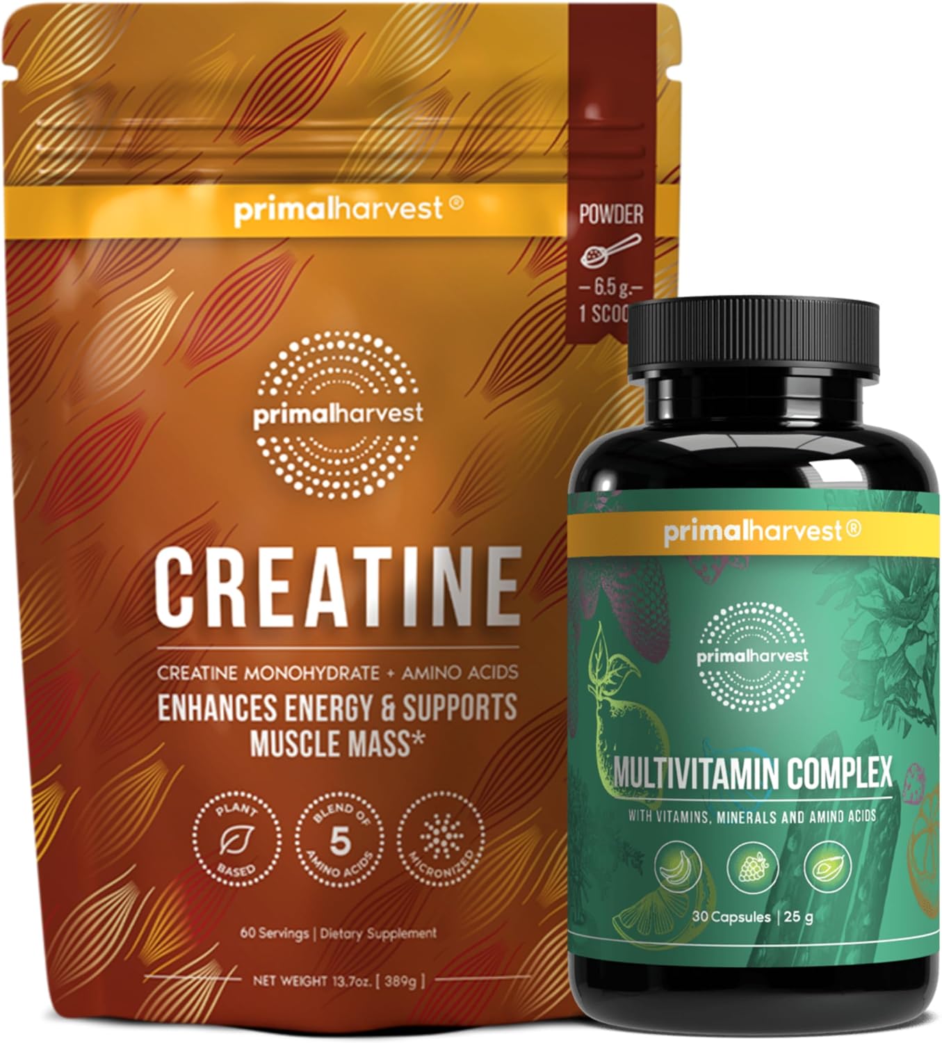 Primal Multivitamin + Primal Creatine Powder Bundle | 2-Pack | Support Daily Nutrition, Energy & Muscle Strength | 30 Servings Each