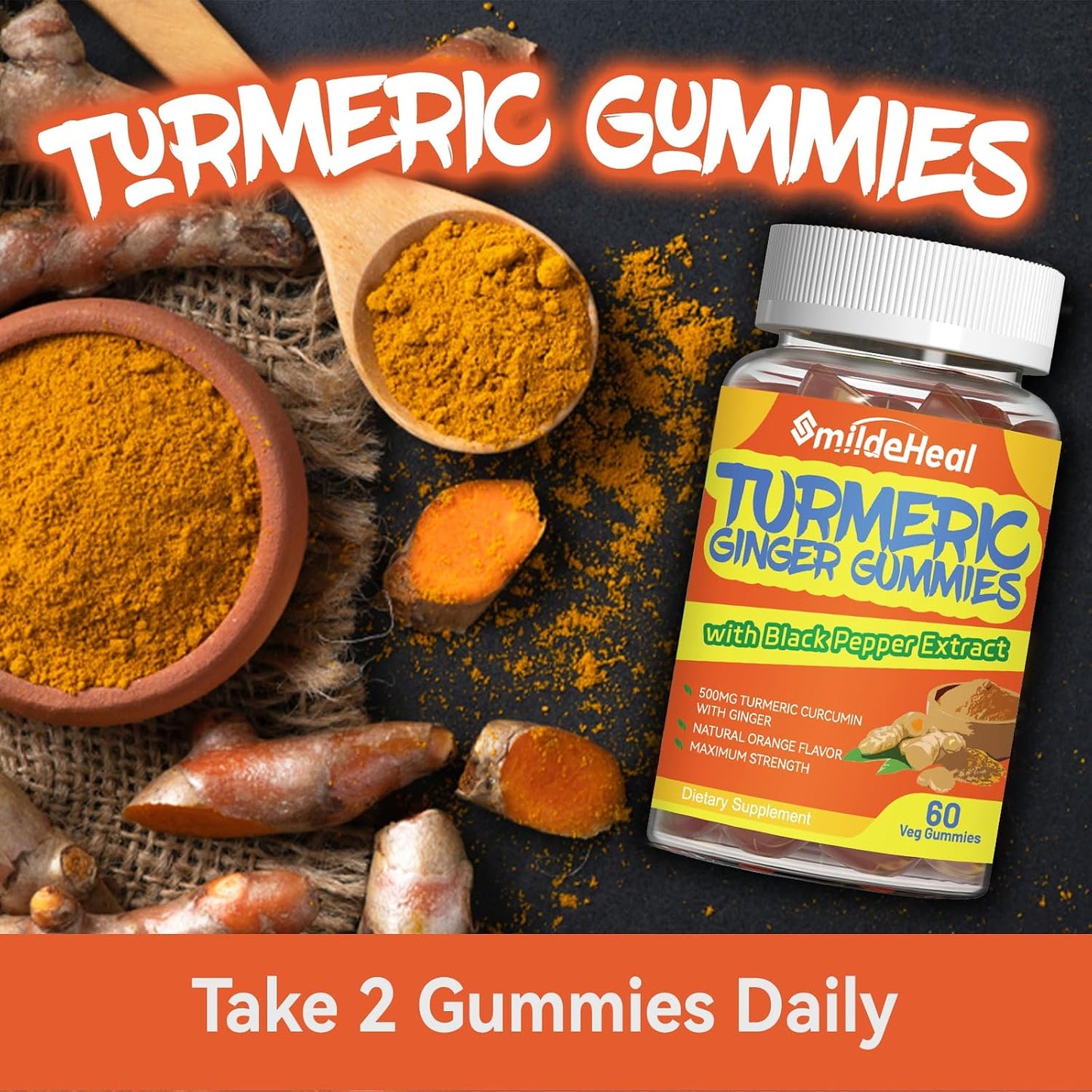Turmeric Curcumin Gummies 500mg, with Turmeric Root Extract 120 Count | Turmeric Curcumin Gummies 500mg, with Turmeric Root Extract, Ginger Root, Black Pepper Extract, 60 Count (Pack of 2)