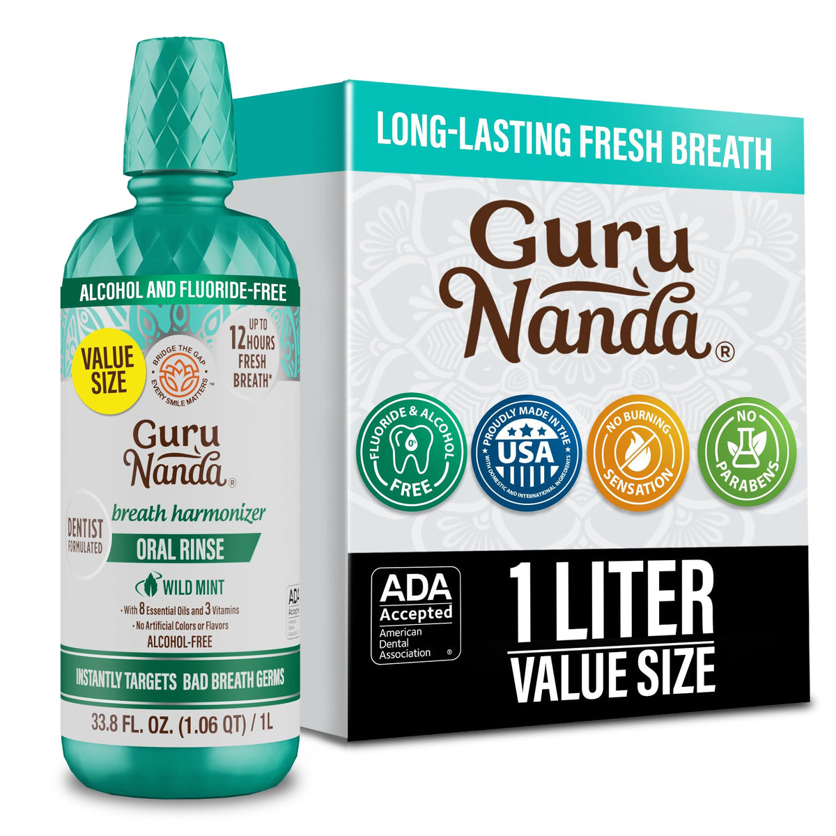 GuruNanda Fresh Breath Mouthwash – 12-Hour Fresh Breath & Helps Fight Bad Breath – ADA Accepted, Alcohol & Fluoride-Free Oral Rinse, Wild Mint - 16 oz, Pack of 2