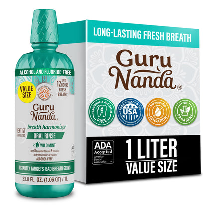 GuruNanda Fresh Breath Mouthwash – 12-Hour Fresh Breath & Helps Fight Bad Breath – ADA Accepted, Alcohol & Fluoride-Free Oral Rinse, Wild Mint - 16 oz, Pack of 2