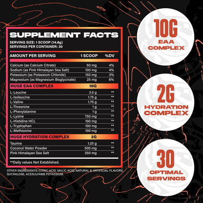 Huge EAA + Hydration, Essential Amino Acids Powder, EAAs & BCAAs, Intra & Post Workout Recovery Powder, Muscle Growth, Recovery & Performance, 10g EAAs & Electrolytes, Kiwi Blueberry, 30 Servings