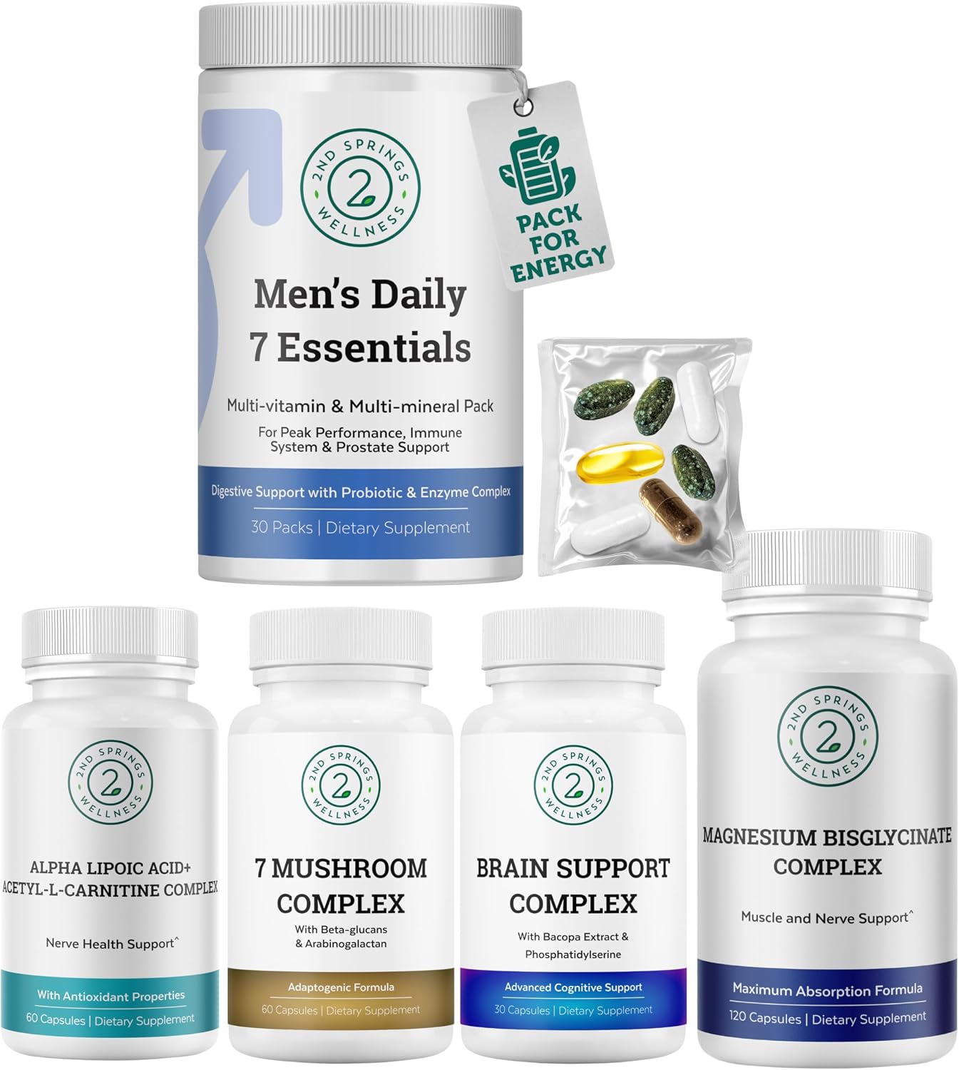 Men’s Daily 7 Essentials + ALA & ALC Complex + 7 Mushroom Complex + Brain Support + Magnesium Bisglycinate Bundle | Energy, Focus, Immunity, Strength, Cognitive Support & Daily Wellness