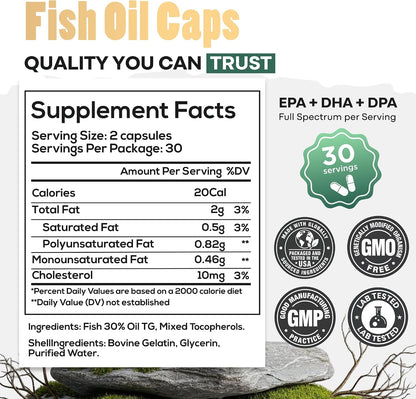 Wild Foods Fish Oil Omega 3 Supplements | 1600 mg | Highly-Potent: DPA, DHA, EPA | Burpless, Odorless, Non-GMO, Gluten Free | For Brain & Heart Health, Joint Support | 60 Capsules (1 pk) | 30 Servings