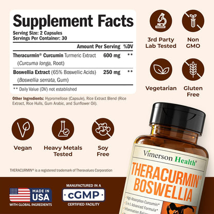 Advanced Turmeric Curcumin Supplement for Joint Support & Inflammation – Enhanced Absorption Theracurmin 600mg with Boswellia Serrata for Mobility & Recovery – Vegan, Gluten Free – 60 Capsules