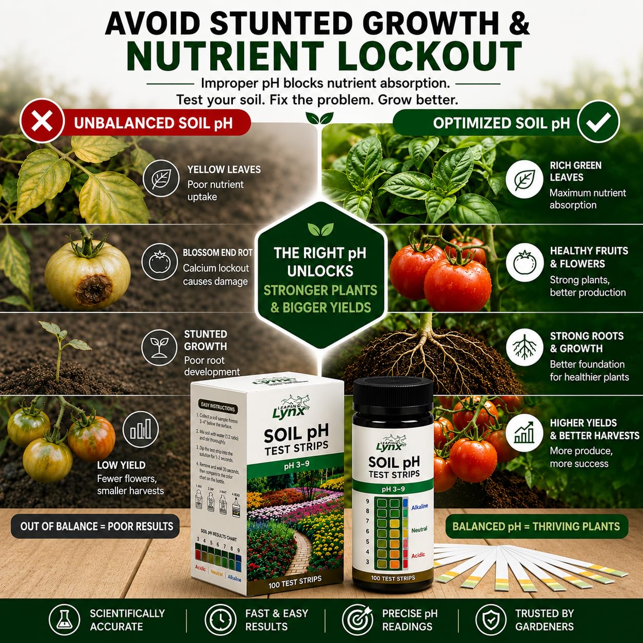 Soil pH Test Kit (3-9 Range) – 100 Test Strips for Garden, Lawn, Vegetable & Flower Beds | Quick & Easy Soil pH Monitoring for Indoor & Outdoor Plants | Leaping Lynx