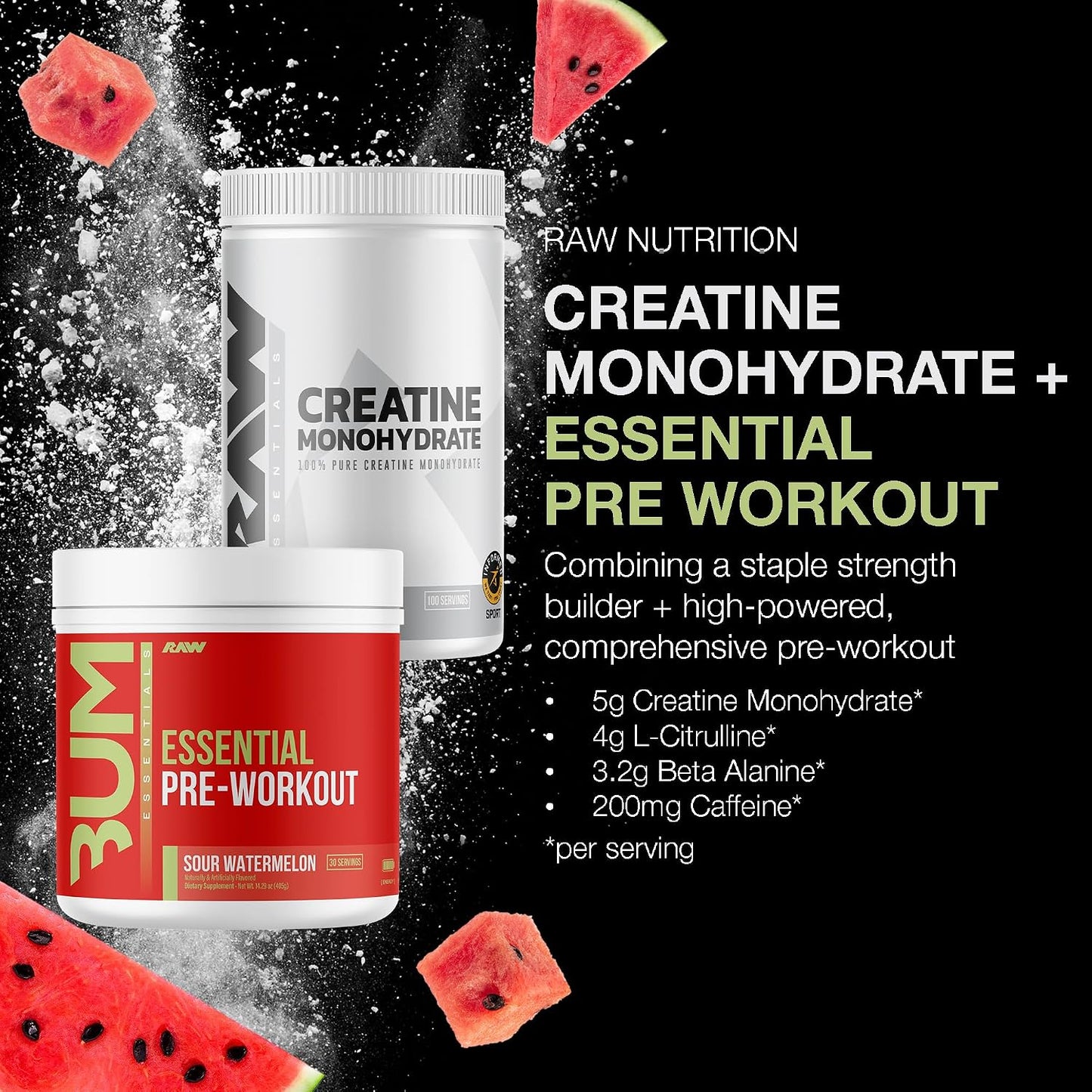 RAW Nutrition Creatine Monohydrate & Sour Watermelon Pre-Workout Powder Bundle