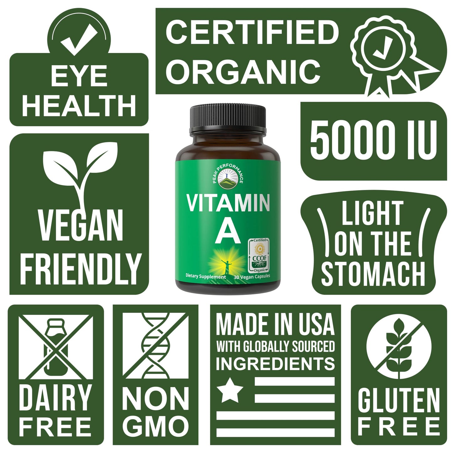 Certified Organic Vitamin A 5000 IU Supplement Capsules - High Potency Vitamins - for Adults, Men, Women, Kids - Made with Carrot Juice - Great for Immune, Skin, Eye Support - Non GMO, Vegan Pills