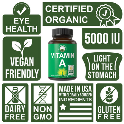 Certified Organic Vitamin A 5000 IU Supplement Capsules - High Potency Vitamins - for Adults, Men, Women, Kids - Made with Carrot Juice - Great for Immune, Skin, Eye Support - Non GMO, Vegan Pills