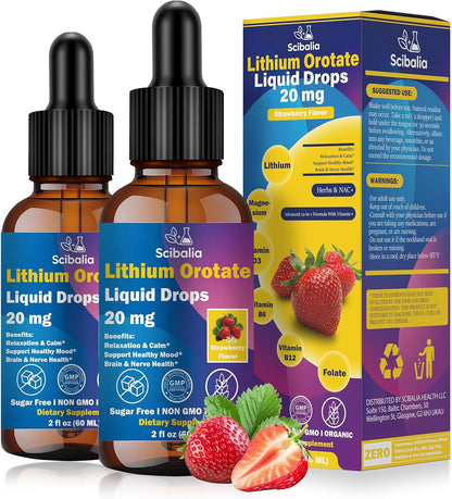 2 Pack Lithium Orotate Liquid Drops 20mg, Potency 11-in-1 Lithium Supplement w. NAC Magnesium Ashwagandha Theanine Vitamin D3 B6 B12 for Memory Brain Mood Cognitive Support