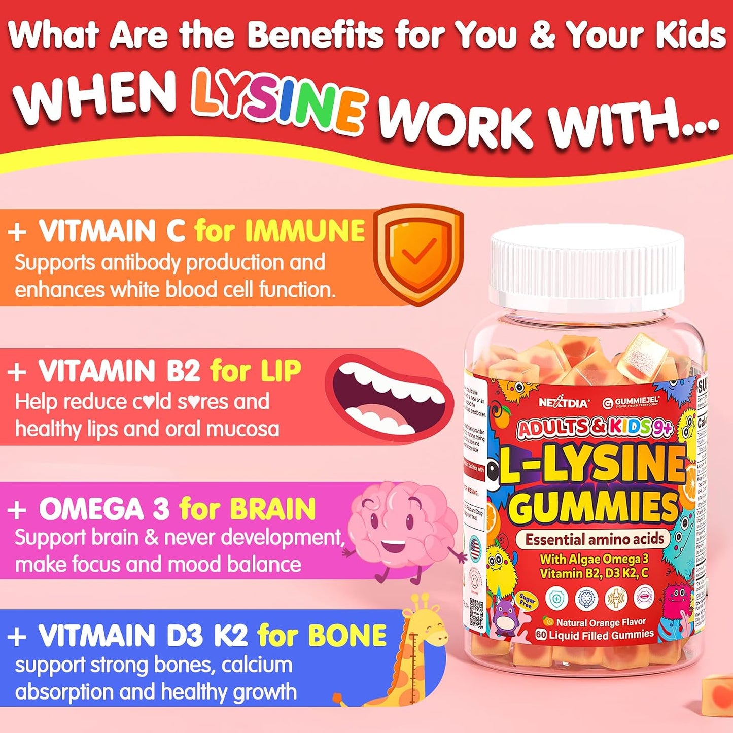L-Lysine Gummies 500/1000mg with Algae Omega 3, Vitamin B2, D3, K2, C for Kids 9+, Teen & Adult, Lysine Supplement Support Immune, Lip & Oral, Collagen Production, Brain, Bone Health, Sugar Free 1Pack