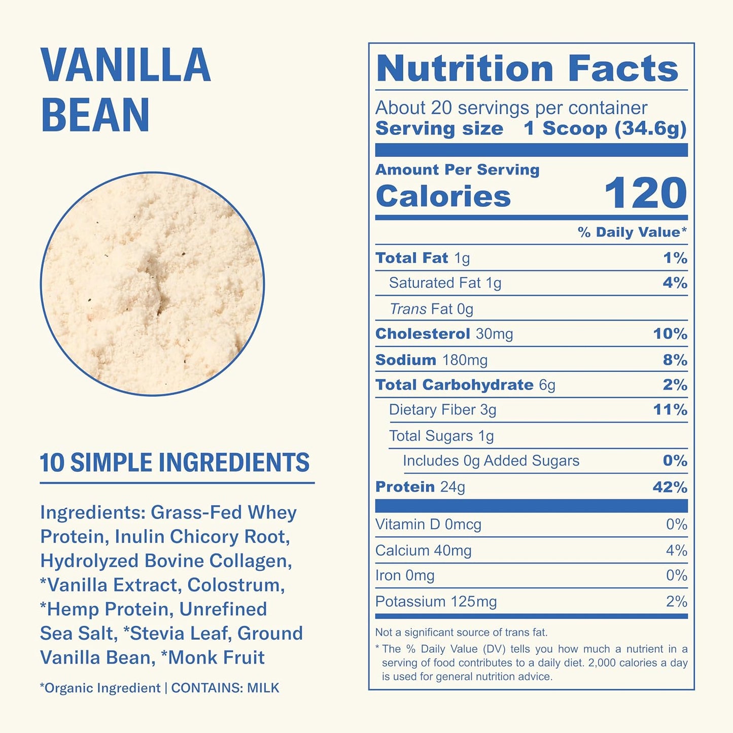 Grass Fed Whey Protein Powder, Vanilla Bean, 24g Protein with Collagen Peptides, Bovine Colostrum, Hemp Hearts & Prebiotic Fiber, No Added Sugar or Artificial Ingredients, 20 Servings