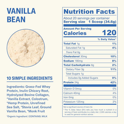 Grass Fed Whey Protein Powder, Vanilla Bean + Strawberry Crème, 24g Protein with Collagen Peptides, Bovine Colostrum, Hemp Hearts & Prebiotic Fiber, No Added Sugar, 40 Servings Total