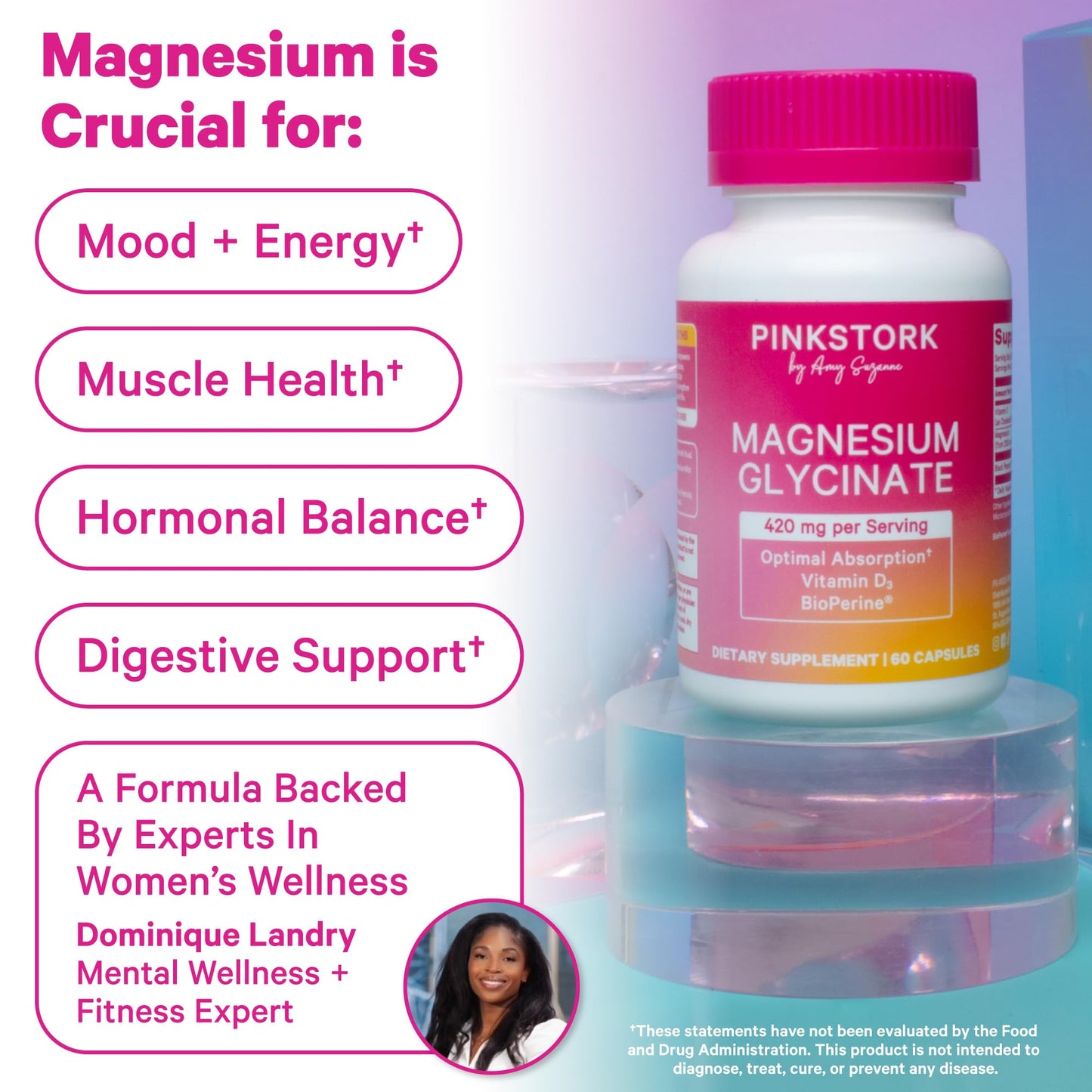 Pink Stork Magnesium Glycinate with Vitamin D, 60 Capsules | Magnesium Supplement for Women, Supports Natural Calm, Mood, and Sleep, Hormone Balance for Women, 1 month supply