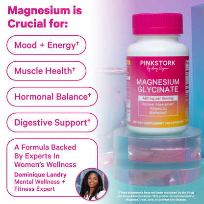 Pink Stork Magnesium Glycinate with Vitamin D, 60 Capsules | Magnesium Supplement for Women, Supports Natural Calm, Mood, and Sleep, Hormone Balance for Women, 1 month supply