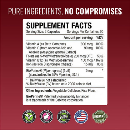 Approved Science Anemiaprin - Iron Bisglycinate with Vitamin C - Gentle On Stomach - Non Constipating Iron Supplement for Women and Men - Blood Support - with Folate and B12-3 Months - Vegan