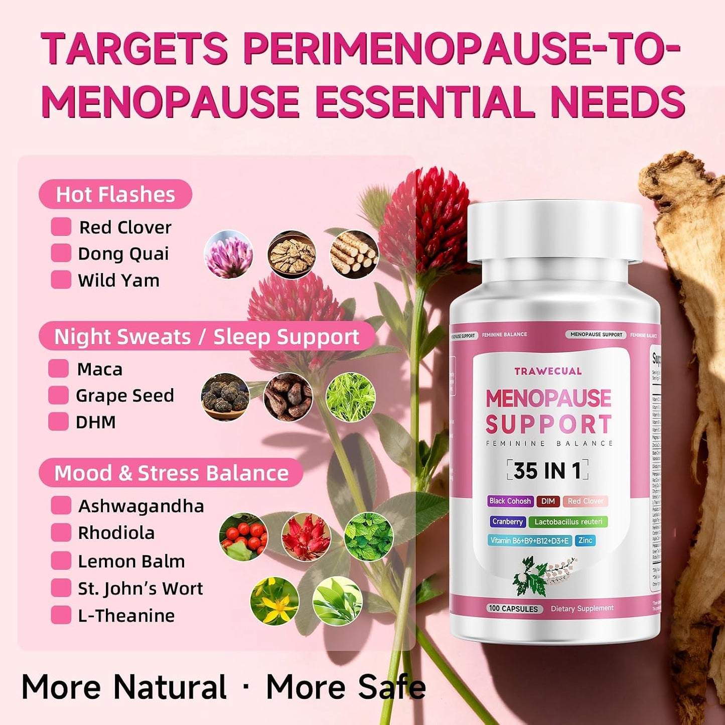 Menopause Supplements For Women, 400mg Black Cohosh 200mg DIM, 100 Capsules | 35-in-1 with Dong Quai, Ashwagandha, Red clover & Probiotics, Hormone Balance, Hot Flashes, Night Sweats & Menopause Support
