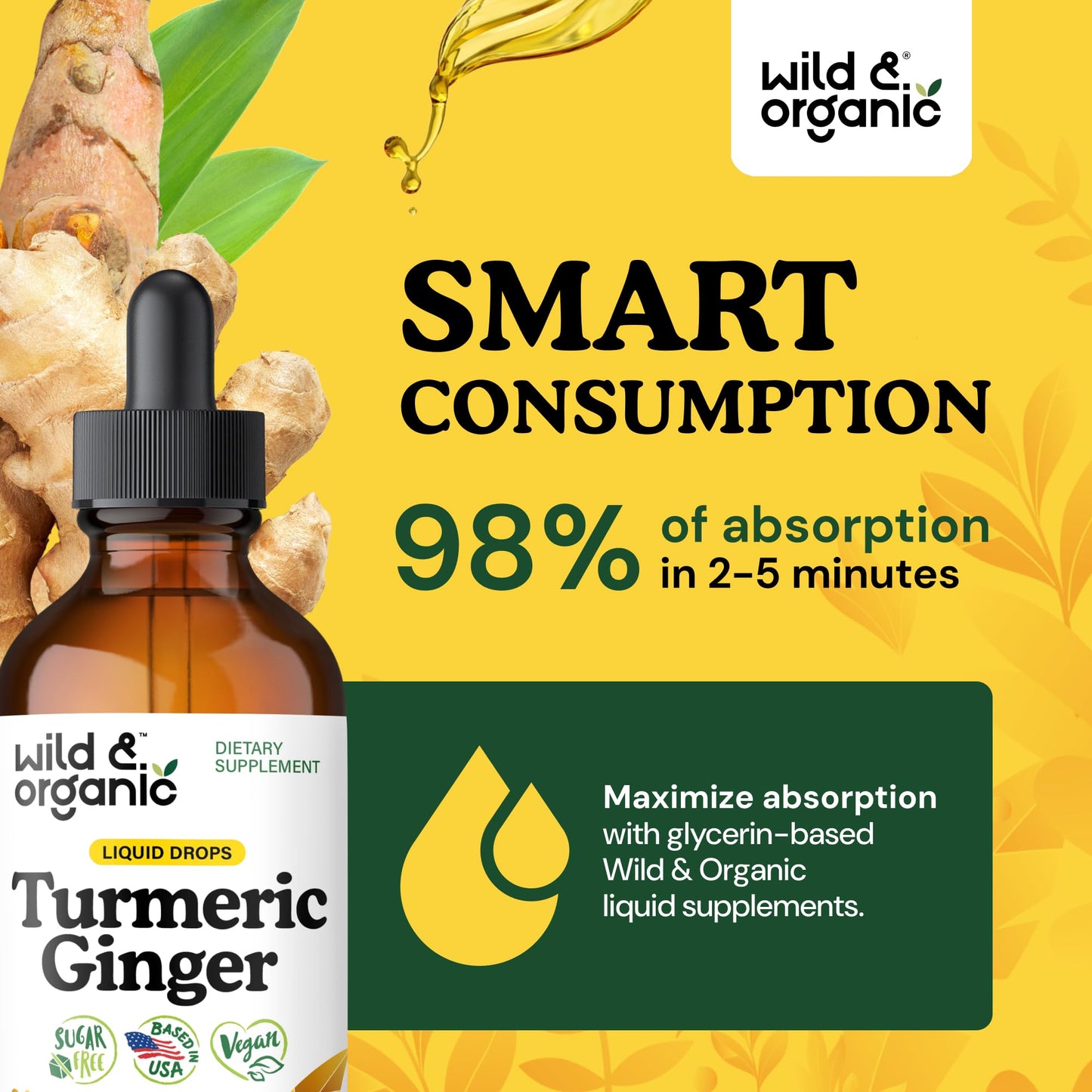Wild & Organic Turmeric and Ginger Supplement - Movement & Immune Support - Liquid Turmeric Curcumin with Black Pepper and Ginger - Add to Tea Drops - Vegan, Sugar & Alcohol-Free Tincture - 4 oz