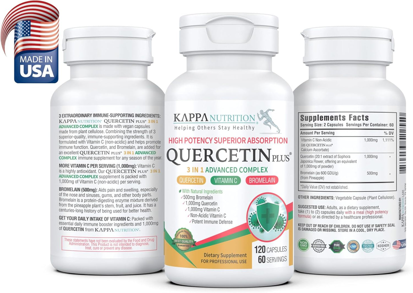 QUERCETIN PLUS, Quercetin 1,000mg, Bromelain 500mg and Vitamin C 1,000mg, (120 Capsules), 3 in 1 from Bioflavonoids, Supports Immune, Cardiovascular & Respiratory Health, Seasonal Allergy Relief.