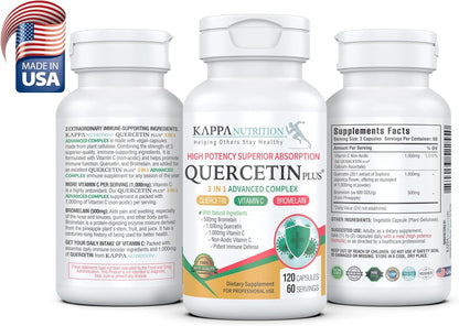 QUERCETIN PLUS, Quercetin 1,000mg, Bromelain 500mg and Vitamin C 1,000mg, (120 Capsules), 3 in 1 from Bioflavonoids, Supports Immune, Cardiovascular & Respiratory Health, Seasonal Allergy Relief.