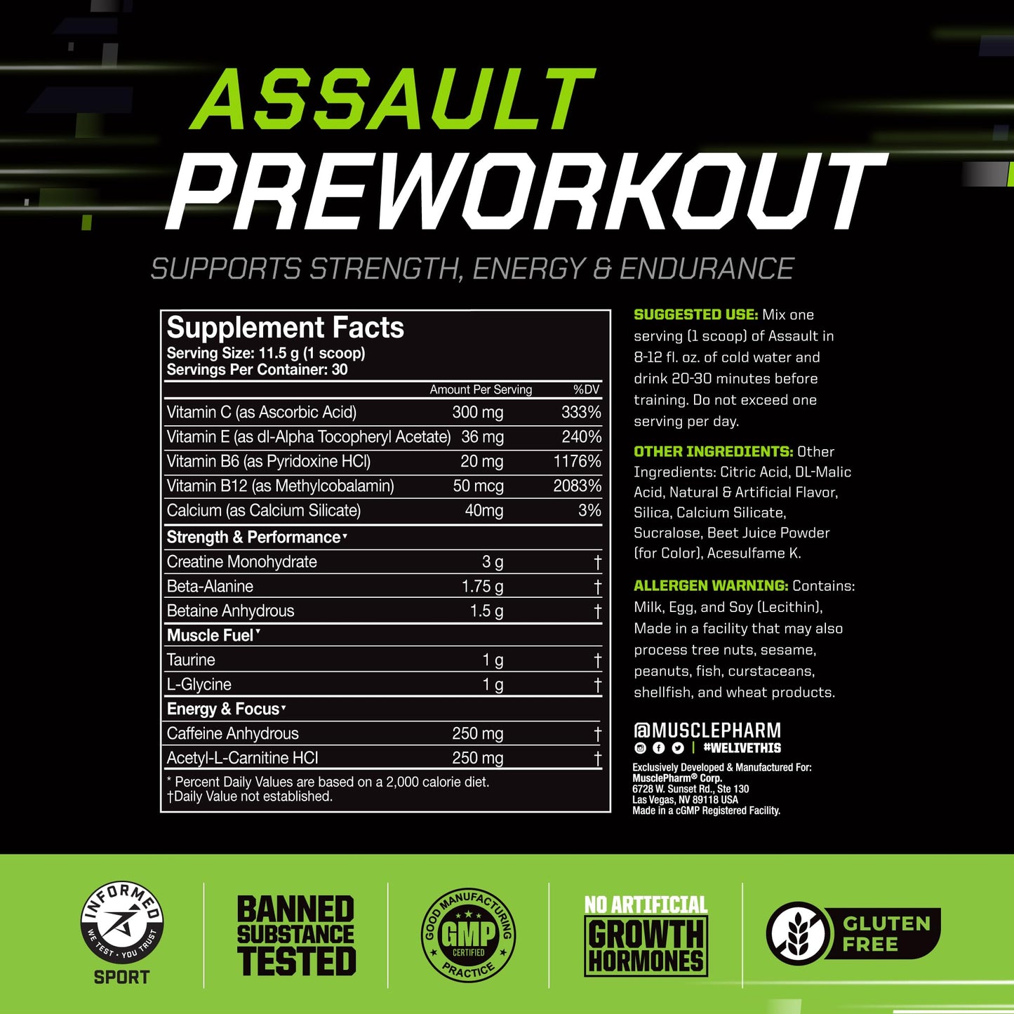 MusclePharm Assault Pre Workout Powder for Men & Women – Energy & Strength Boost Pre-Workout Supplements with Beta Alanine, Caffeine, Creatine & Betaine Anhydrous – 30 Servings, Fruit Punch Flavor