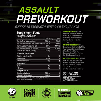 MusclePharm Assault Pre Workout Powder for Men & Women – Energy & Strength Boost Pre-Workout Supplements with Beta Alanine, Caffeine, Creatine & Betaine Anhydrous – 30 Servings, Fruit Punch Flavor