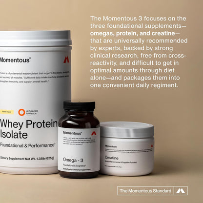 Momentous Three - Creatine Monohydrate Powder (90 Servings), Grass-Fed Whey Protein Powder (Chocolate) & Omega-3 Fish Oil 1600mg - Daily Essentials for Strength, Performance & Lean Muscle Recovery