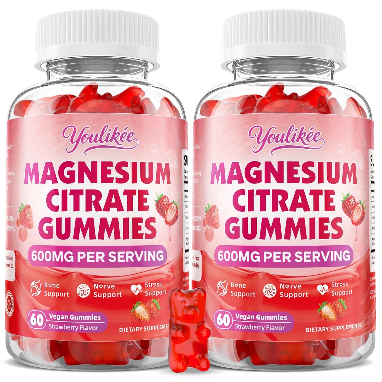 Magnesium Citrate Gummies, High Absorption Magnesium Gummies for Adults | Magnesium Supplement for Relaxation, Vegan, Sugar-Free, Strawberry Flavor, 60 Count